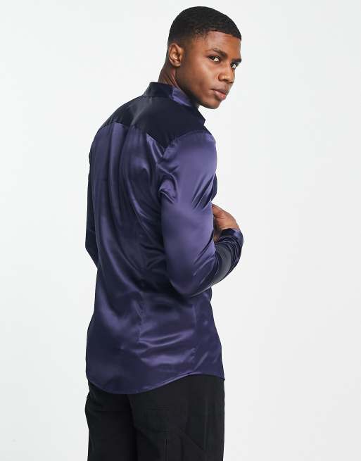 ASOS DESIGN skinny satin shirt in navy