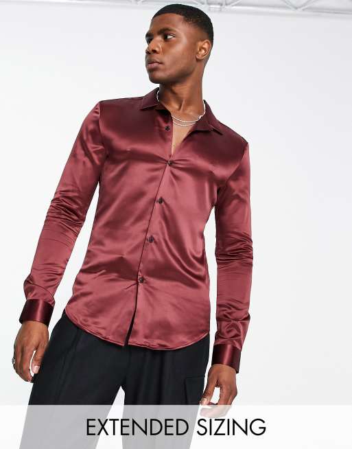 ASOS DESIGN regular satin rose jacquard shirt in burgundy