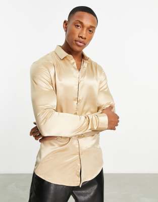 Asos Design Skinny Satin Shirt In Sand-neutral