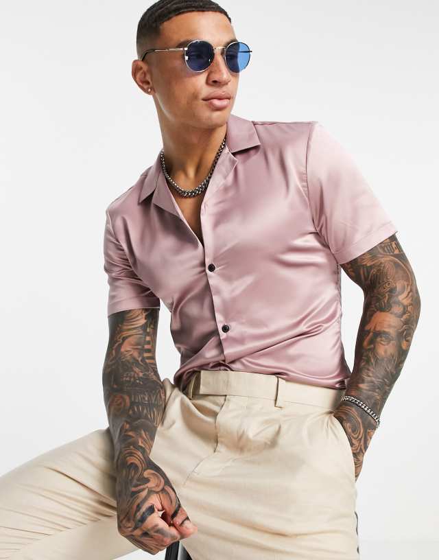 ASOS DESIGN skinny satin shirt with camp collar in dusky pink