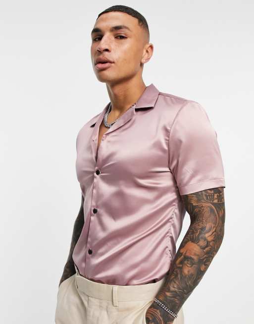 ASOS DESIGN skinny satin shirt with camp collar in dusky pink