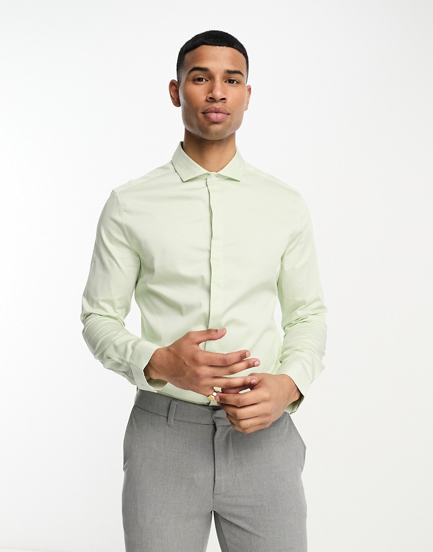 ASOS DESIGN skinny satin shirt with cutaway collar in light green