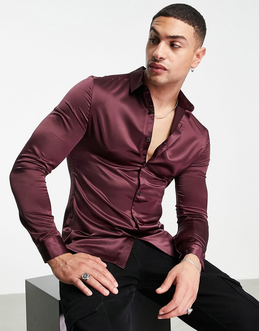 ASOS DESIGN skinny satin shirt with dip back hem in grape-Purple