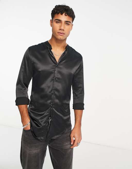 ASOS Regular Fit Satin Mandarin Collar Shirt in Black for Men