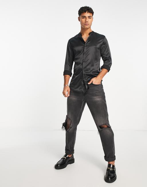 ASOS DESIGN skinny satin shirt with grandad colour in black, 4 of 4