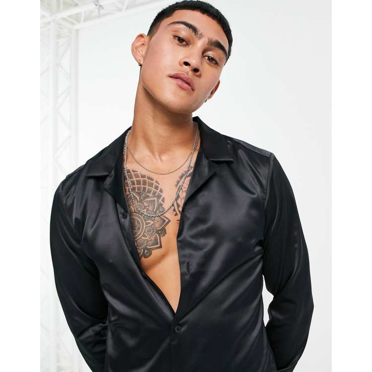 ASOS DESIGN skinny satin shirt with revere collar in black