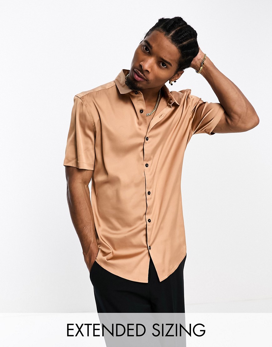 ASOS DESIGN skinny satin shirt with roll sleeve in bronze-Brown