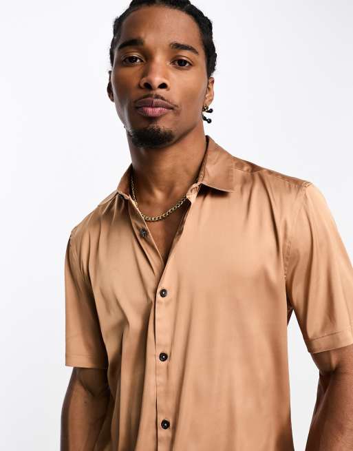 ASOS DESIGN skinny satin shirt with roll sleeve in bronze