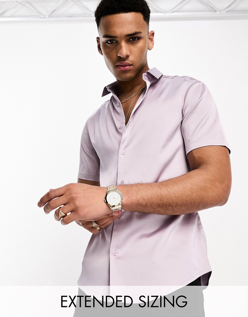 ASOS DESIGN skinny satin shirt with roll sleeve in dusky lilac-Purple