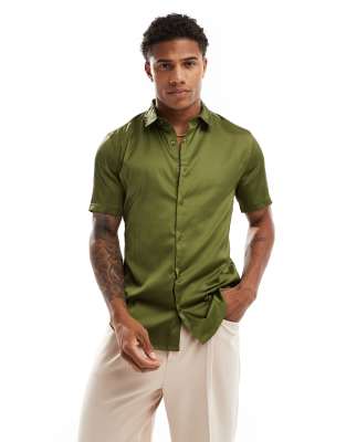 ASOS DESIGN ASOS DESIGN skinny satin shirt with roll sleeve in khaki green