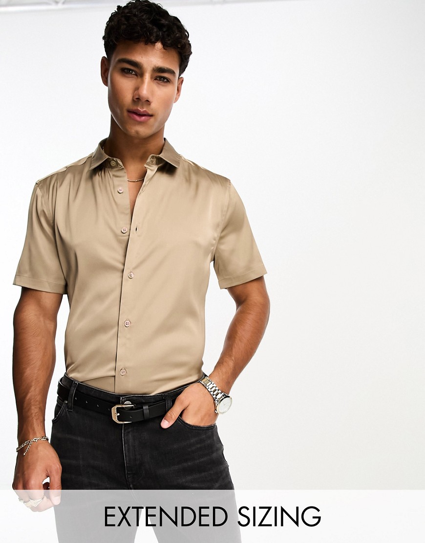 ASOS DESIGN skinny satin shirt with roll sleeve in sand-Neutral