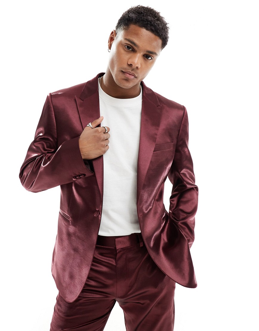 Asos Design Skinny Satin Suit Jacket In Burgundy-red