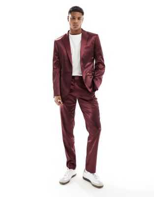 Shop Asos Design Skinny Satin Suit Pants In Burgundy-red