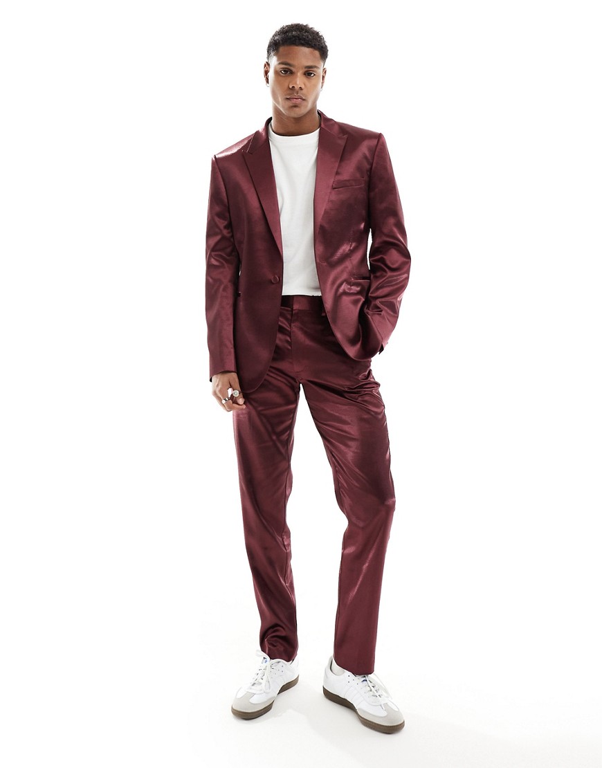 Shop Asos Design Skinny Satin Suit Pants In Burgundy-red