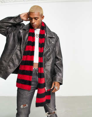 ASOS DESIGN skinny scarf in fluffy red and black stripe - ASOS Price Checker