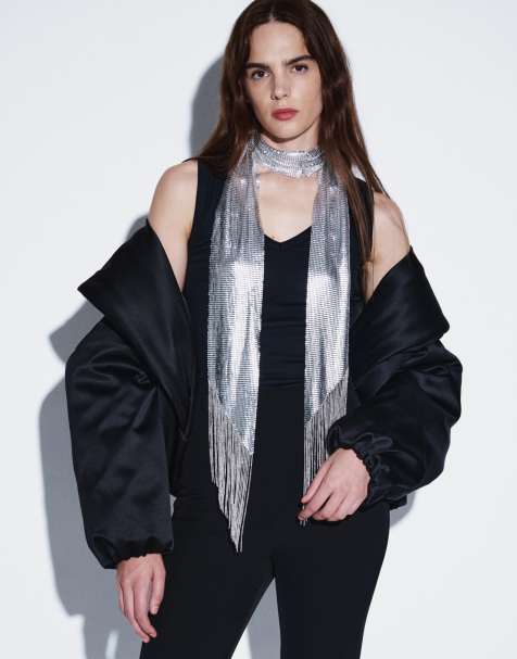 ASOS DESIGN skinny scarf with diamante fringe in silver - view 1