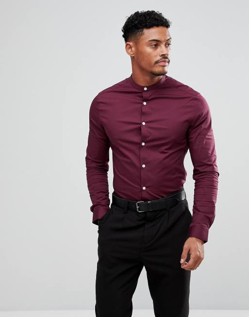 ASOS DESIGN skinny shirt  in burgundy with grandad collar  