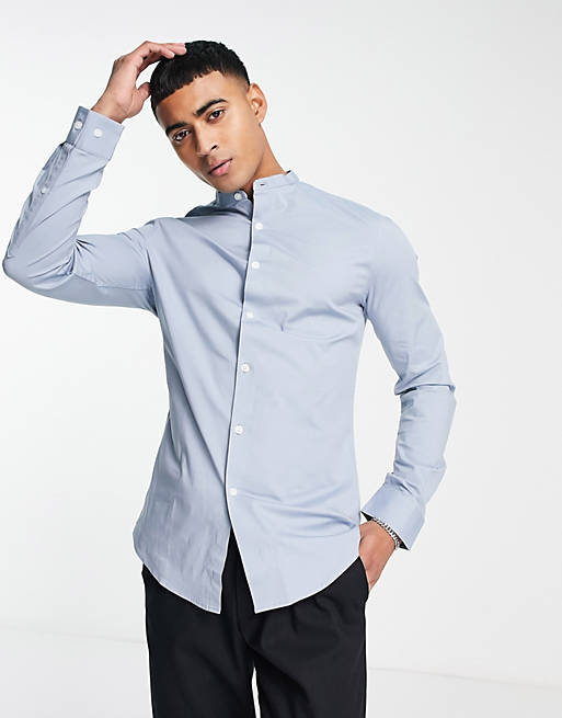 ASOS DESIGN skinny shirt with band collar in dusty blue
