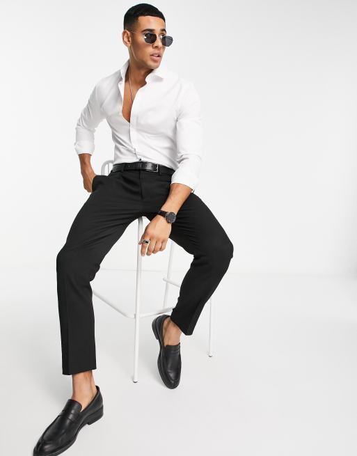 ASOS DESIGN skinny shirt with cutaway collar in white herringbone