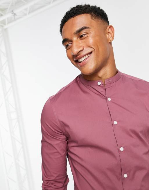 ASOS DESIGN skinny shirt with grandad collar in berry