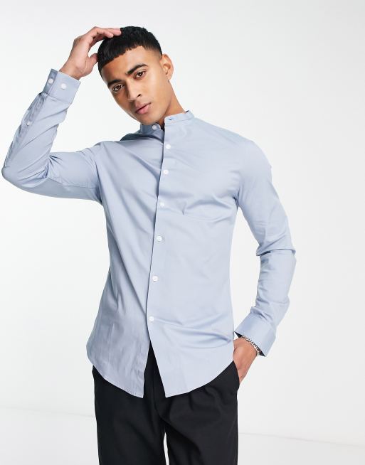 ASOS DESIGN skinny shirt with grandad collar in dusty blue | ASOS