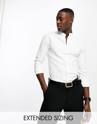 ASOS DESIGN skinny shirt with grandad collar in herringbone texture in white