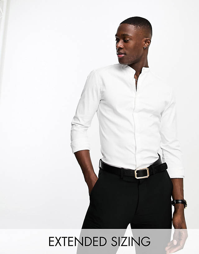 ASOS DESIGN - skinny shirt with grandad collar in herringbone texture in white