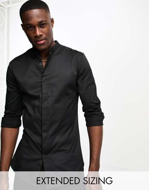 Buy Textured Mandarin Collar Slim Fit Shirt with Long Sleeves