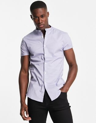 Skinny shirt with grandad collar in pale blue