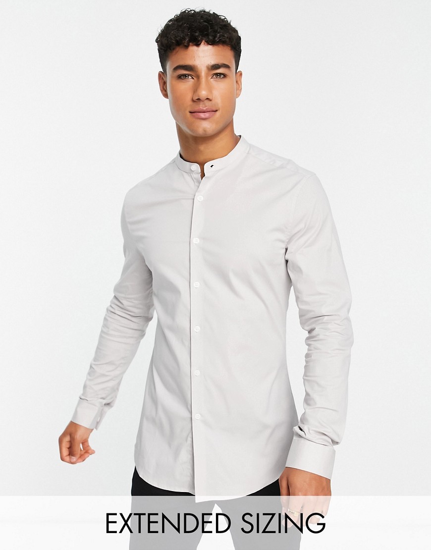ASOS DESIGN skinny shirt with grandad collar in pale gray