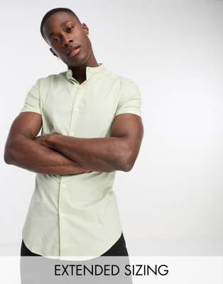 ASOS DESIGN skinny shirt with grandad collar in sage green