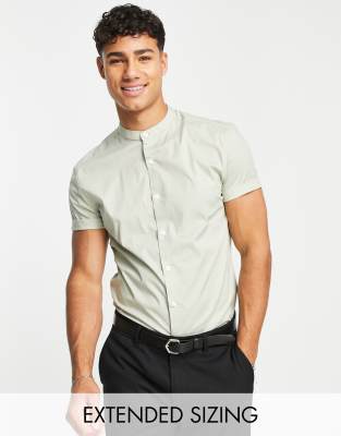 Asos Design Skinny Shirt With Grandad Collar In Sage Green