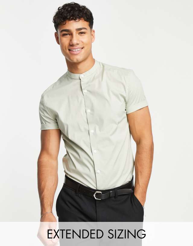 ASOS DESIGN skinny shirt with grandad collar in sage green