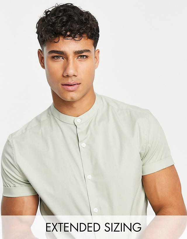 ASOS DESIGN - skinny shirt with grandad collar in sage green