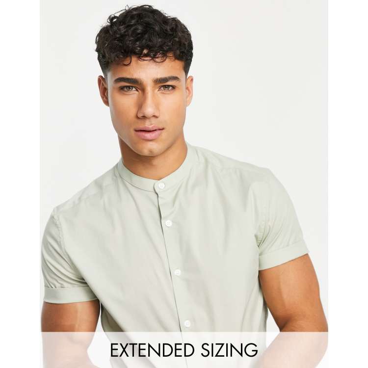 ASOS DESIGN skinny shirt with grandad collar in sage green | ASOS