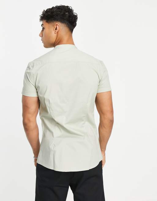 ASOS DESIGN skinny shirt with grandad collar in sage green