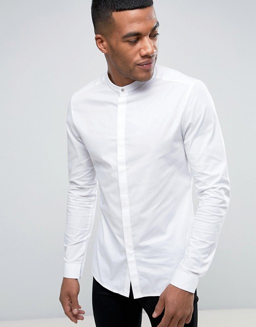 ASOS DESIGN skinny shirt with gunmetal top popper in white