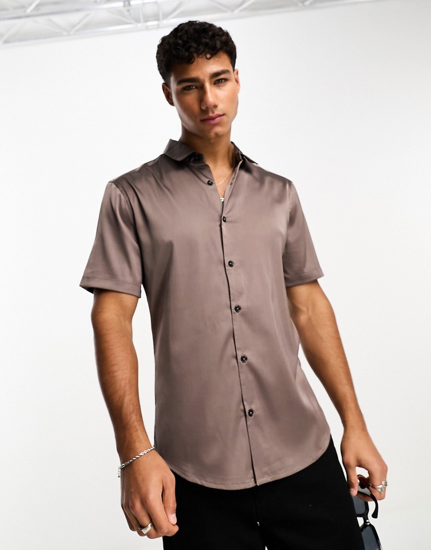 ASOS DESIGN skinny shirt with roll sleeves in slate grey-Brown