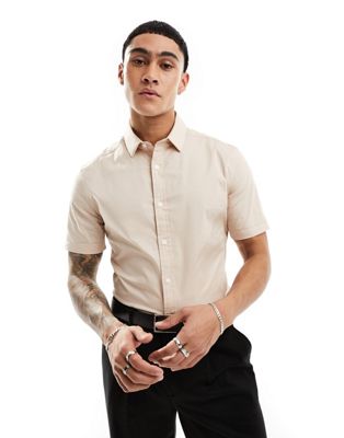 ASOS DESIGN skinny short sleeve poplin shirt in pale pink - ASOS Price Checker