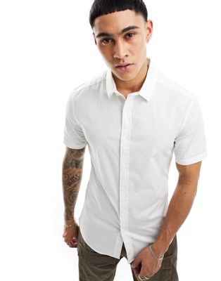 Asos Design Skinny Short Sleeve Poplin Shirt In White