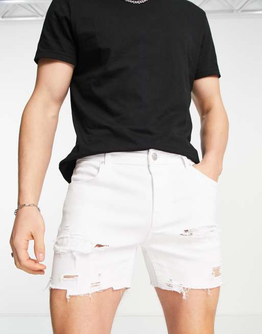 ASOS DESIGN skinny shorter length denim short in white with rips