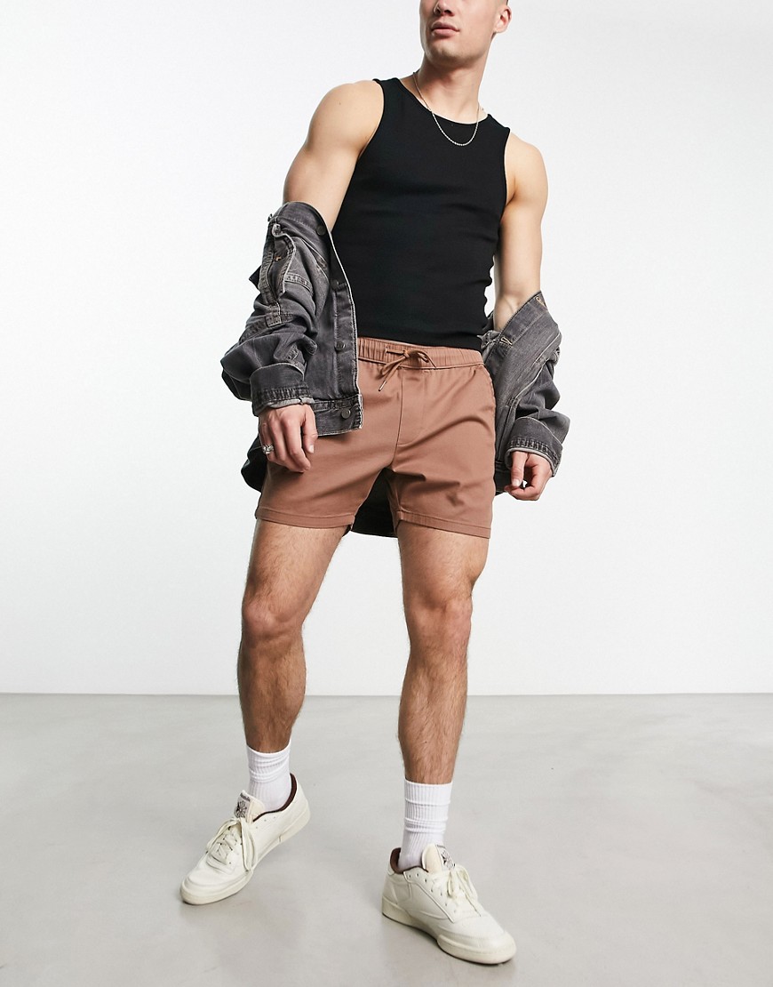 ASOS DESIGN skinny shorts in shorter length in tan-Brown