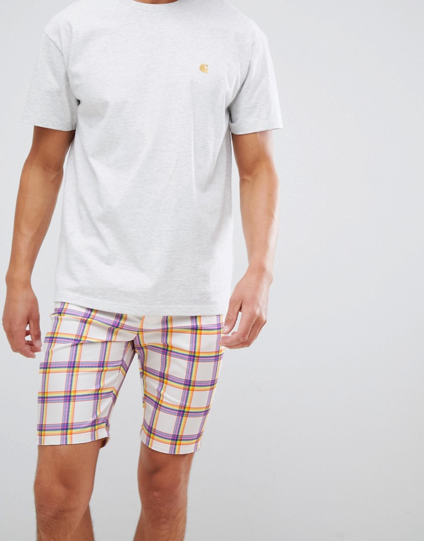 ASOS DESIGN skinny shorts with rainbow check print-White