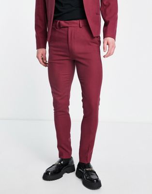 ASOS DESIGN skinny single pleat suit trousers in burgundy