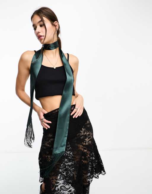 ASOS DESIGN - Skinny sjaal met kwastjes in jaren 70 stijl in donkergroen