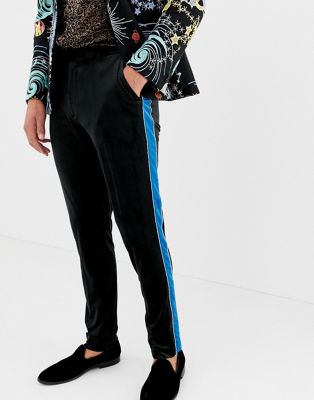 black pants with blue stripe