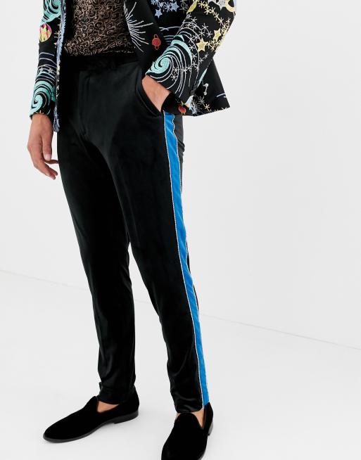 ASOS DESIGN skinny smart pants in black velvet with blue side stripe