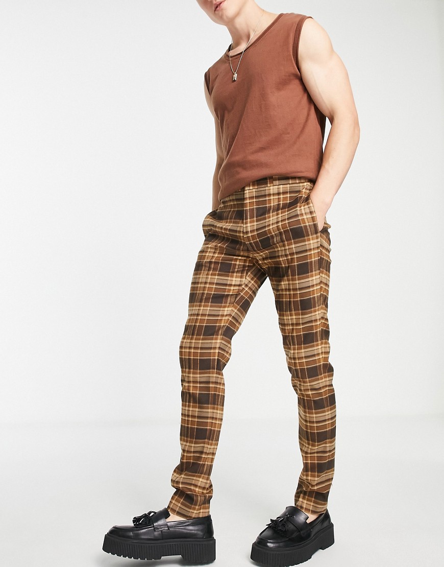 Shop Asos Design Skinny Smart Pants In Brown Check