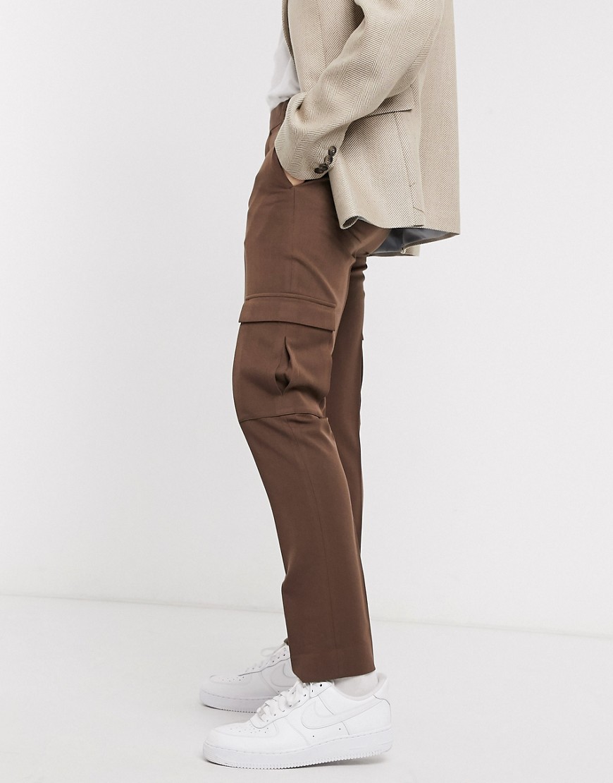ASOS DESIGN skinny smart pants in brown with cargo pockets-Pink