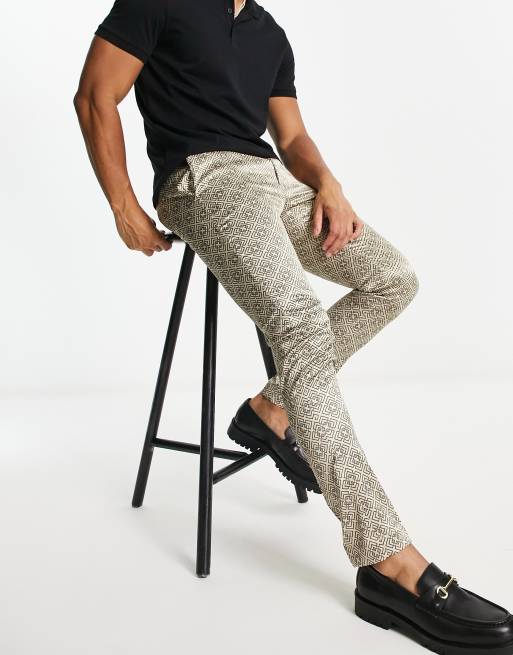 ASOS DESIGN skinny smart pants in retro brown monogram print